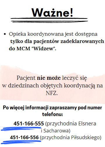Plakat Opieka Koordynowana - opieka koordynowana jest dostępna tylko dla pacjentów MCM Widzew Plakat Opieka Koordynowana - opieka koordynowana jest dostępna tylko dla pacjentów MCM Widzew